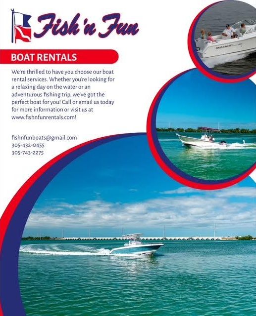 Fish 'n Fun Boat Rentals flyer with text and images of boats on water.